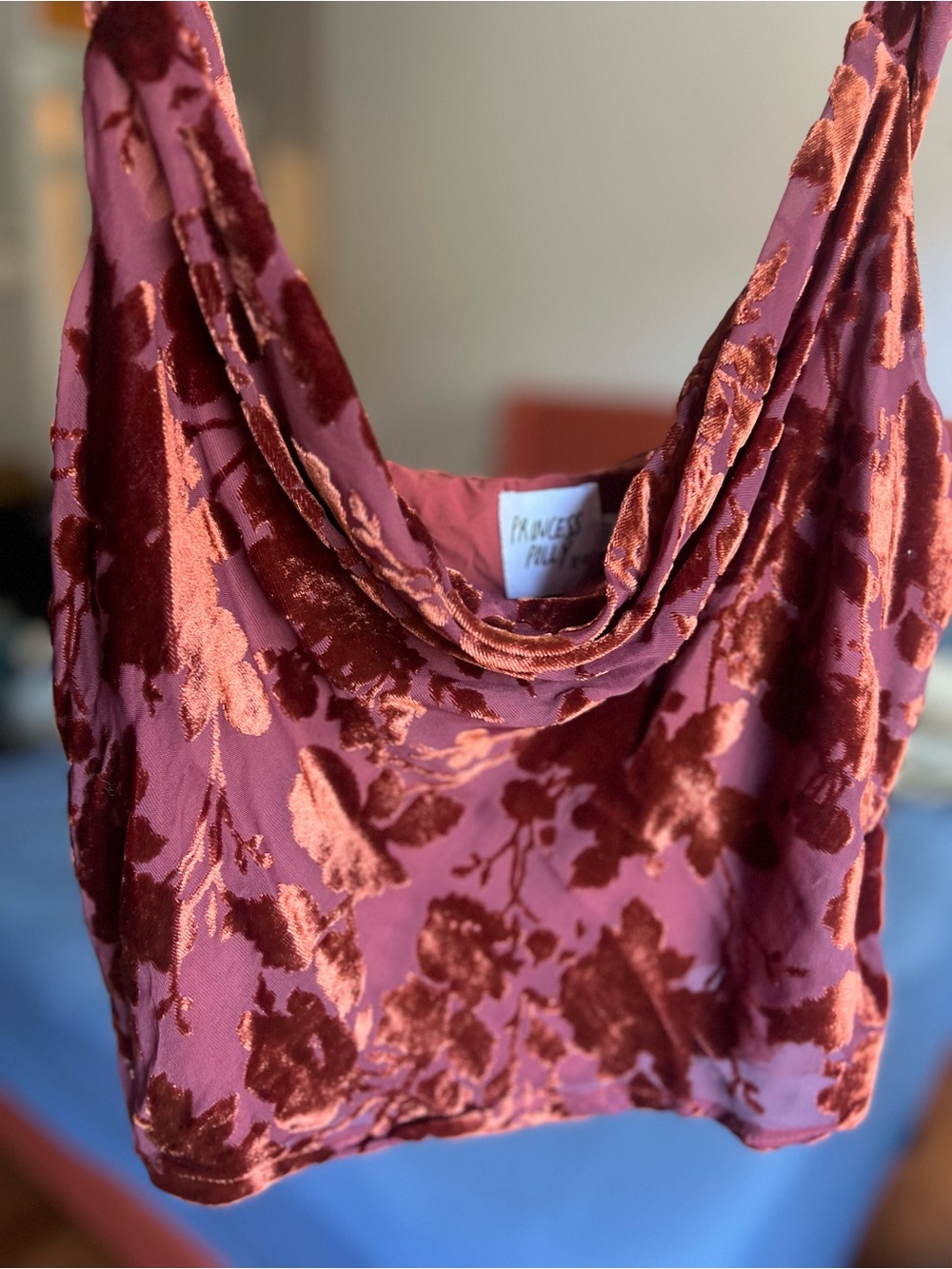 Princess Polly Rust Velvet Burnout Cowl Crop Top